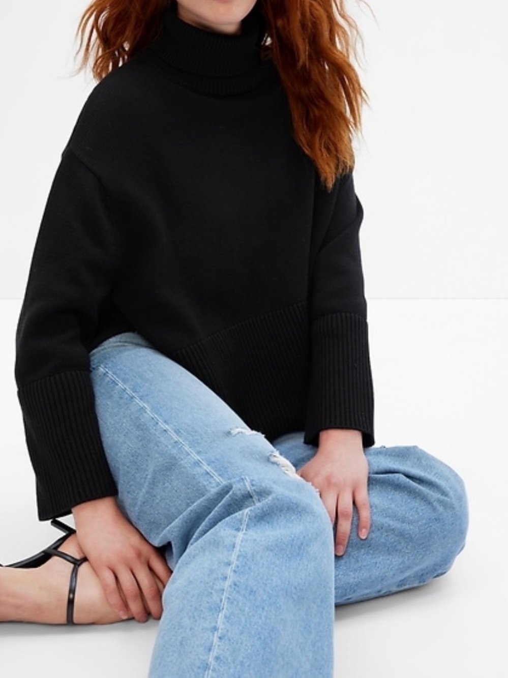 GAP 24/7 Split-Hem 100% Cotton 90s Turtleneck Sweater in True Black, Large Tall